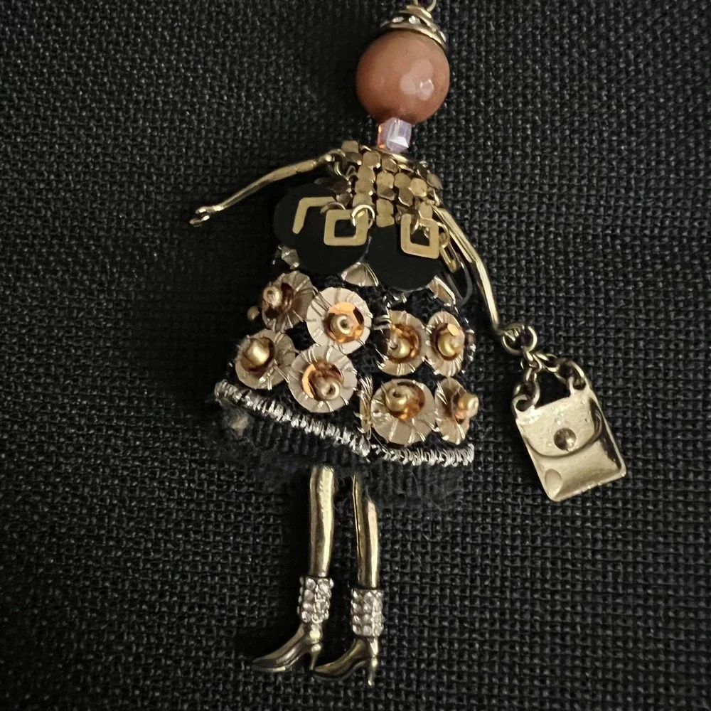 RS Paris Doll Pendant Long 36 Necklace Gold Tone Mixed Media 4 In Whimsical Goth